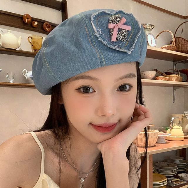 Denim Applique Beret Heart Rhinestone Bow