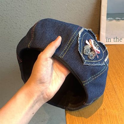 Denim Applique Beret Heart Rhinestone Bow