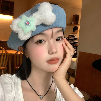 Accent Beret Denim Washed Bone