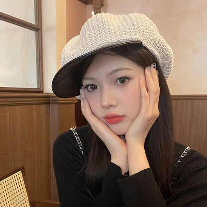 Knit Newsboy Faux Panel Leather Cap