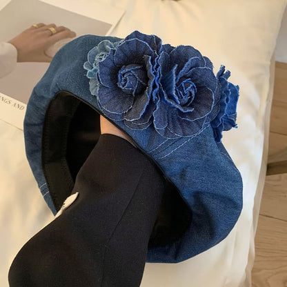 Denim Floral Accent Beret