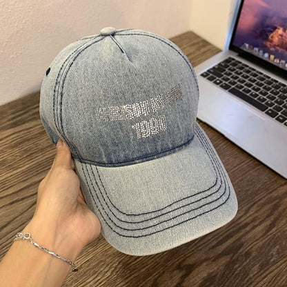 Rhinestone Baseball Lettering Cap Washed Denim