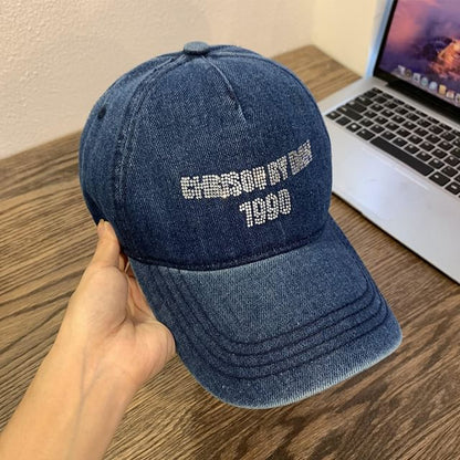 Rhinestone Baseball Lettering Cap Washed Denim