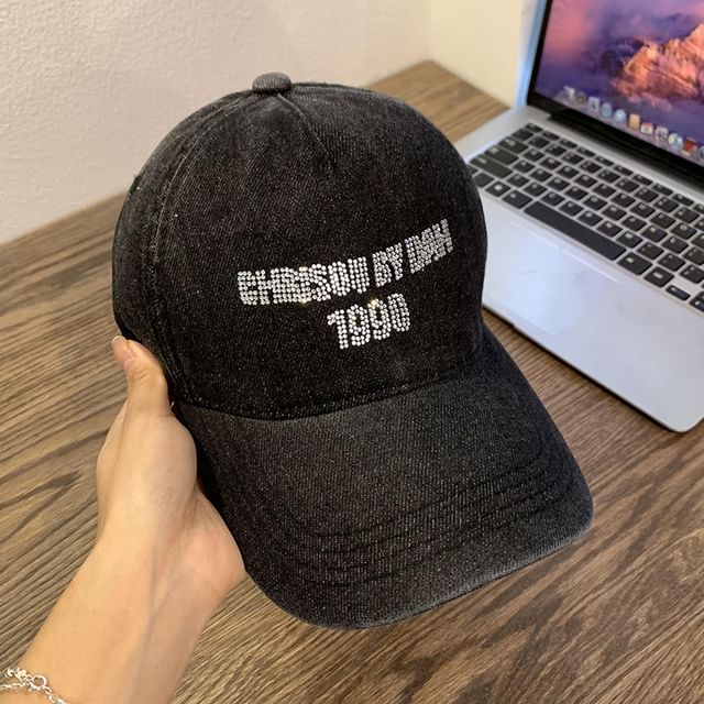 Rhinestone Baseball Lettering Cap Washed Denim