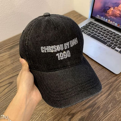 Rhinestone Baseball Lettering Cap Washed Denim