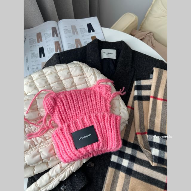 Applique Lettering Cat Ear Beanie Knit