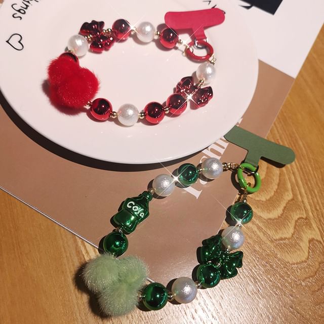 Dragonne de téléphone avec pompon et fausses perles et coussinet pour cordon