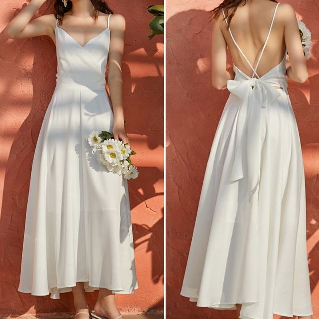 Strap A-Line Spaghetti V-Neck Maxi Plain Dress