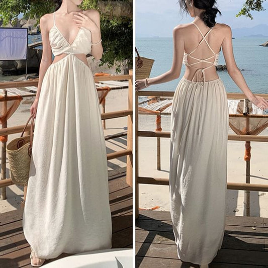 Plain A-Line Cutout Dress V-Neck Maxi Spaghetti Strap