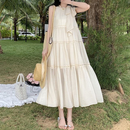 Crewneck Dress Sleeveless Midi A-Line Plain