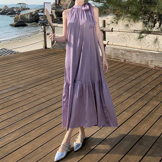 A-Line Maxi Dress Plain Sleeveless Crewneck