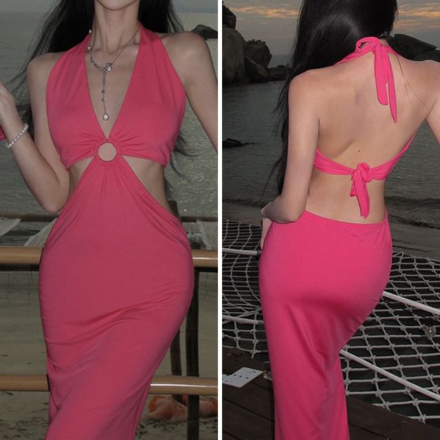 Bodycon Plain Cutout Neck Midi Dress Halter