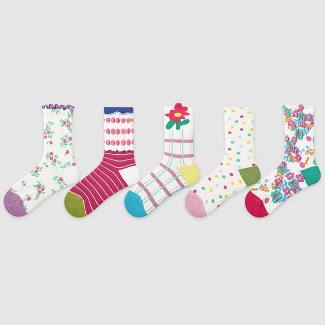 Set Of 5 Pairs: Pattern Crew Socks