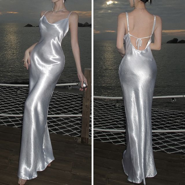 Back Strap Maxi Dress Spaghetti Sheath Plain Open