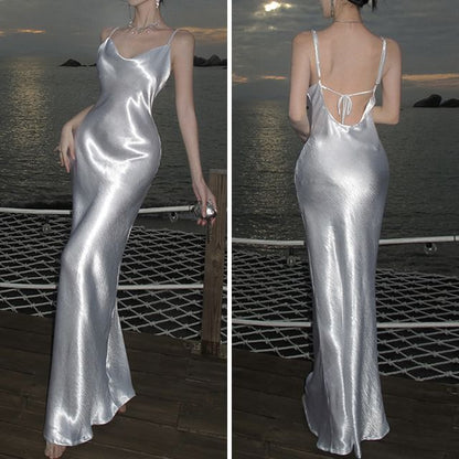 Back Strap Maxi Dress Spaghetti Sheath Plain Open