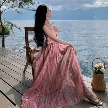 V-Neck Spaghetti Print Floral Dress Maxi A-Line Strap