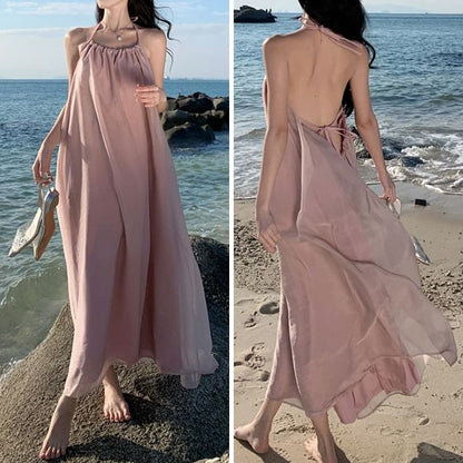 Halter Dress Midi A-Line Open Plain Back Neck