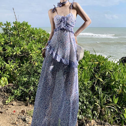 A-Line Midi Dress Floral Print Strap Spaghetti