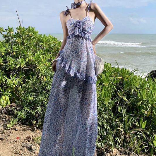 A-Line Midi Dress Floral Print Strap Spaghetti