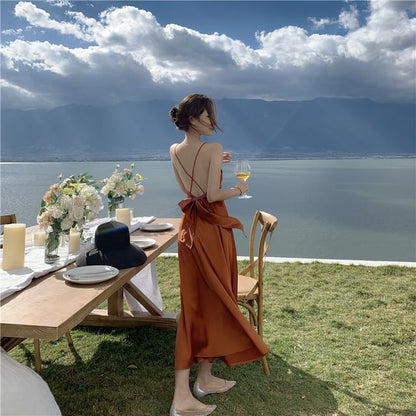 Strap A-Line Spaghetti V-Neck Maxi Plain Dress