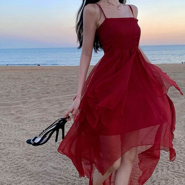 Asymmetrical Strap Sheer Dress Spaghetti A-Line