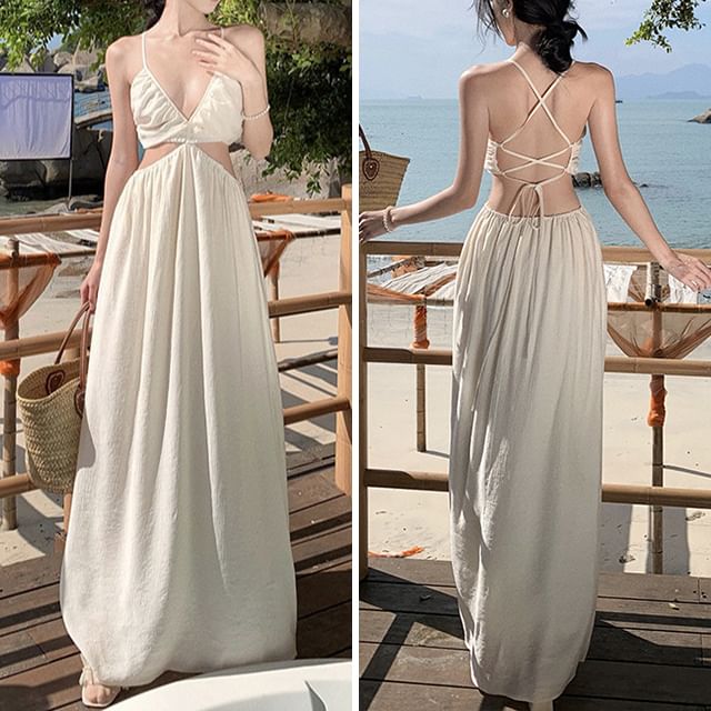 Plain A-Line Cutout Dress V-Neck Maxi Spaghetti Strap