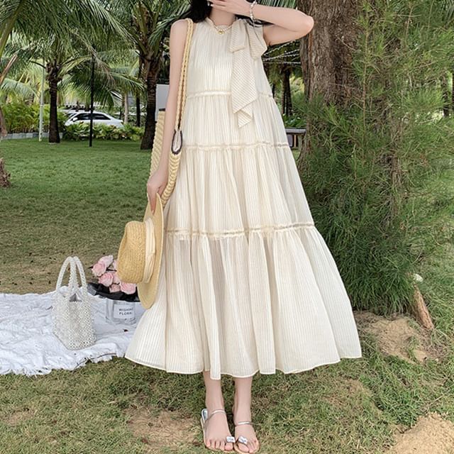 Crewneck Dress Sleeveless Midi A-Line Plain