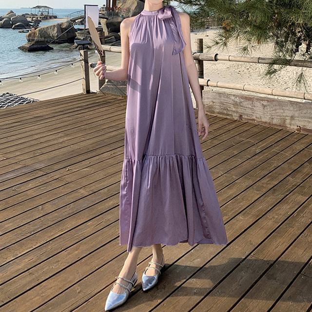 A-Line Maxi Dress Plain Sleeveless Crewneck