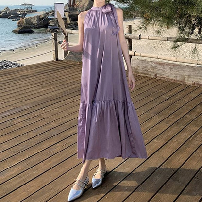 A-Line Maxi Dress Plain Sleeveless Crewneck