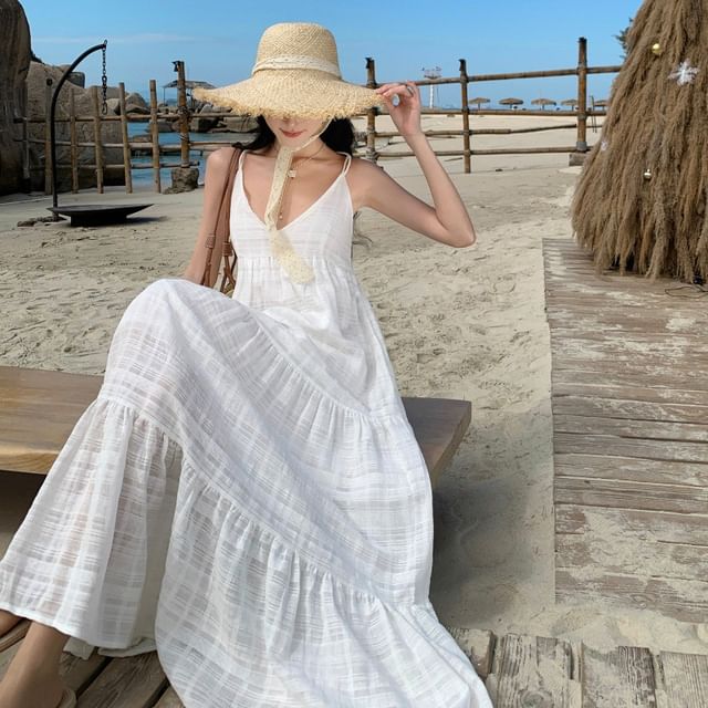 Maxi Sleeveless Dress A-Line Plain V-Neck