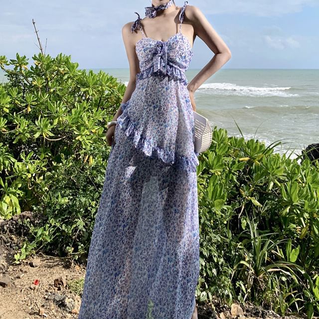 A-Line Midi Dress Floral Print Strap Spaghetti