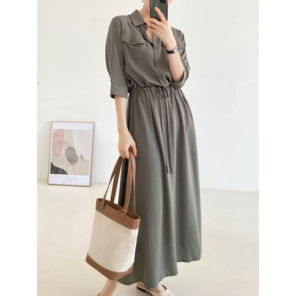 Long-Sleeve Collared Plain Drawstring Waist Maxi A-Line Shirt Dress