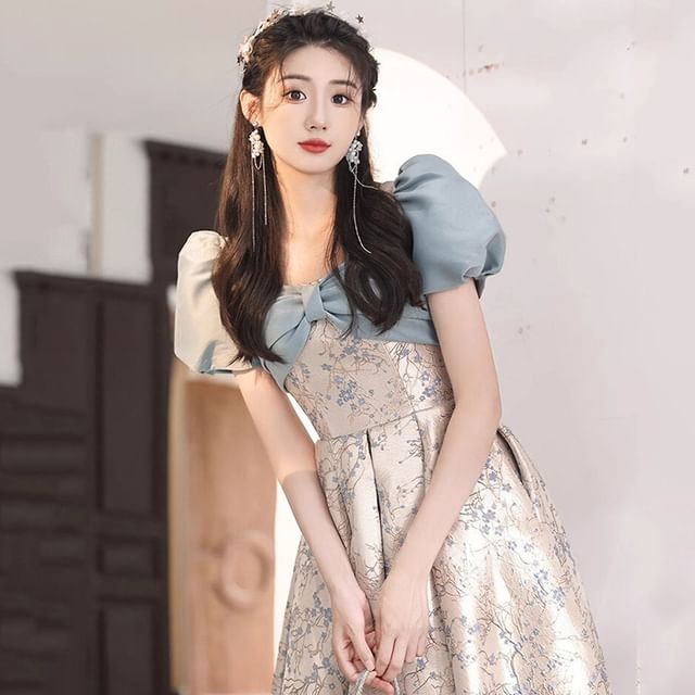 Evening Floral Puff-Sleeve A-Line Gown