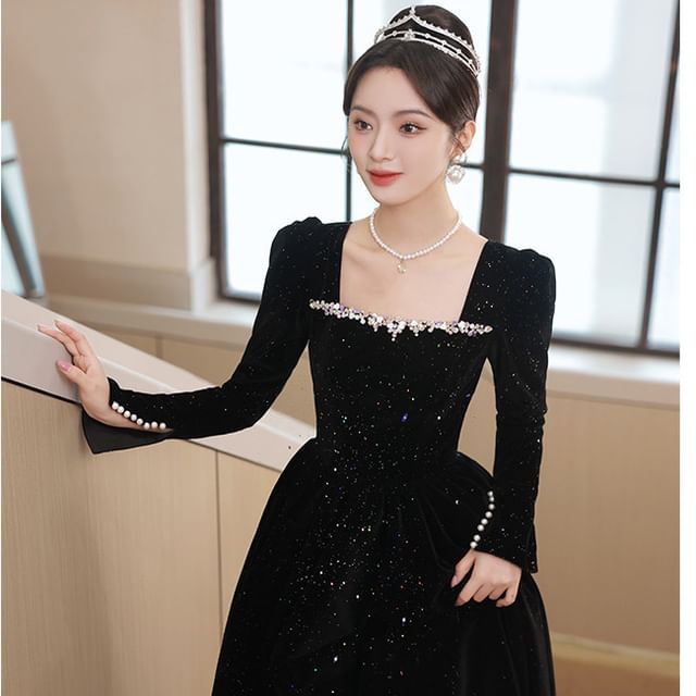 Neck A-Line Gown Evening Long-Sleeve Square Sequin