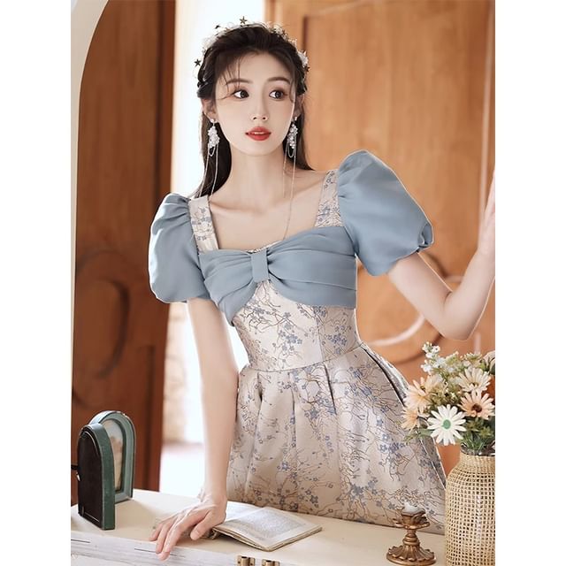 Evening Floral Puff-Sleeve A-Line Gown