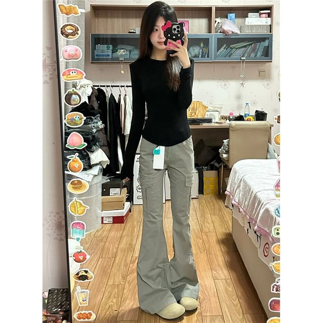 High Waist Washed Bootcut Cargo Jeans