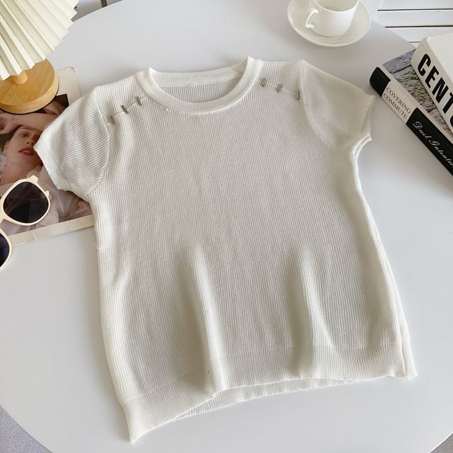 Short-Sleeve Crewneck Plain Knit Top