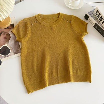 Short-Sleeve Crewneck Plain Knit Top