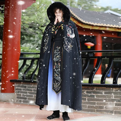 Embroidered Hanfu Top / High Waist Gradient Maxi Skirt / Hooded Fluffy Trim Cloak / Set