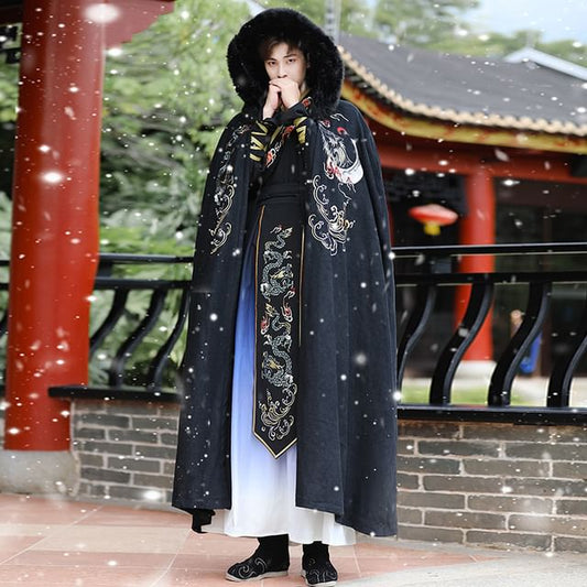 Embroidered Hanfu Top / High Waist Gradient Maxi Skirt / Hooded Fluffy Trim Cloak / Set