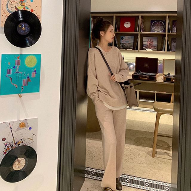 Neck Pants Long-Sleeve High T-Shirt Leg Crew + Set: Two-Tone Waist Wide