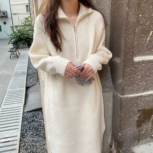 Sweater Midi Plain Half-Zip Long-Sleeve Ribbed Dress