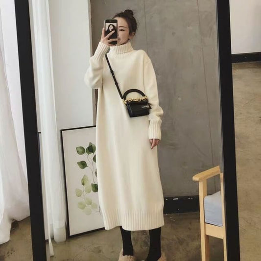 Long-Sleeve Plain Turtleneck Midi Sweater Dress