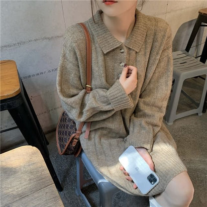 Dress Mini Sweater Plain Long-Sleeve Polo-Neck