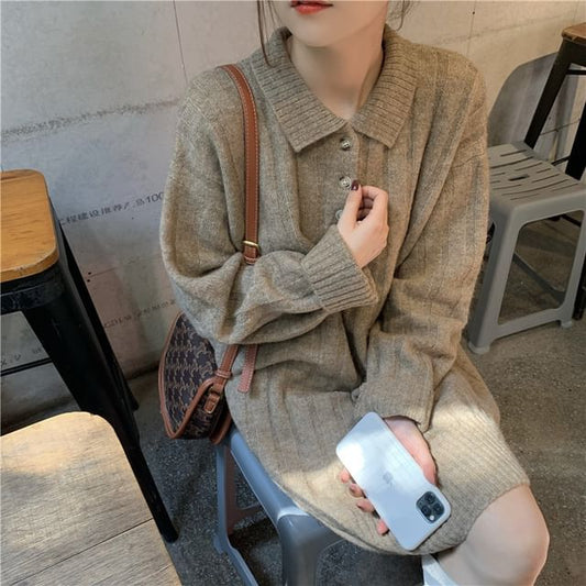 Dress Mini Sweater Plain Long-Sleeve Polo-Neck