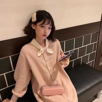 Dress Midi Button-Up Puff-Sleeve Plain Tie-Neck Knit