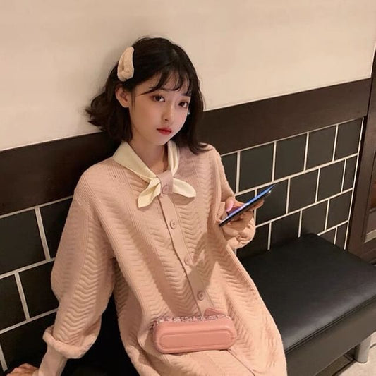 Dress Midi Button-Up Puff-Sleeve Plain Tie-Neck Knit