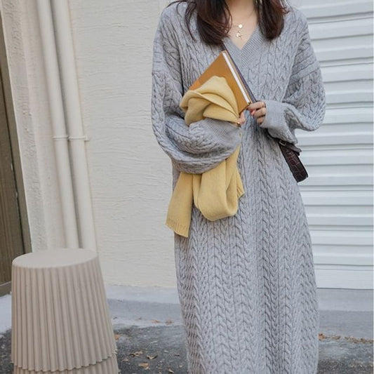 Long-Sleeve Sweater Plain V-Neck Dress Midi