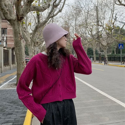 Knit Button-Up Cable Plain Cardigan