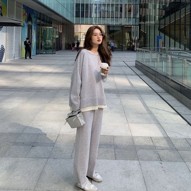 Neck Pants Long-Sleeve High T-Shirt Leg Crew + Set: Two-Tone Waist Wide